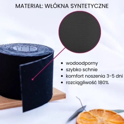 Zbliżenie na włókna syntetyczne tejpów 5e ACTION w kolorze czarnym – wodoodporne i szybkoschnące.